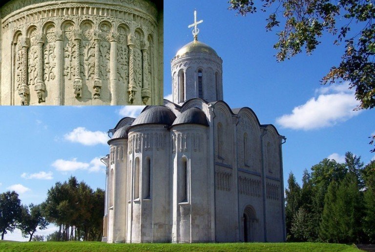 Дмитриевский собор во Владимире,
с орнаментальной белокаменной резьбой, построен в 1197 году.
