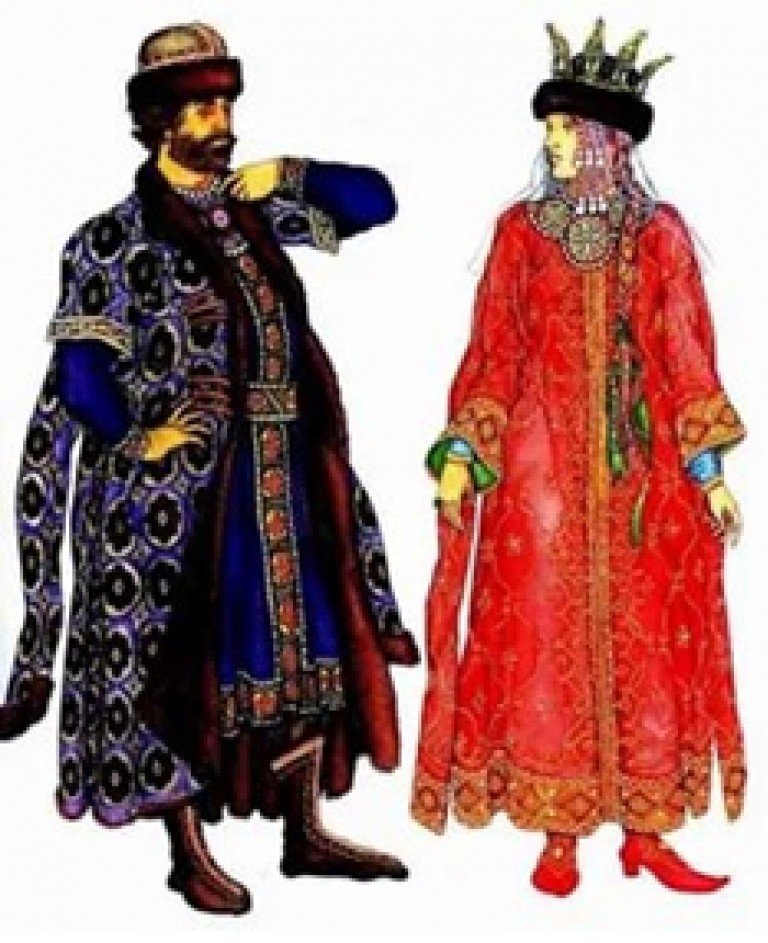 Князь и княгиня Древней Руси в крытых шубах.
