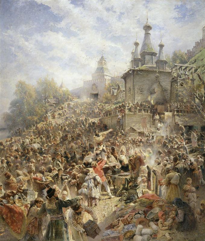Минин на площади Нижнего Новгорода, призывающий народ к пожертвованиям. 1890-е
