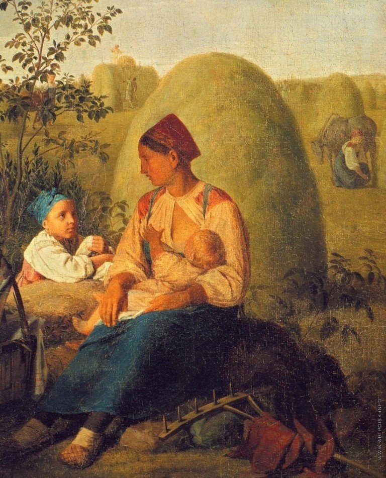 Рабочая одежда крестьянки XIX века, включая лапти, на картине А. Венецианова Сенокос.
