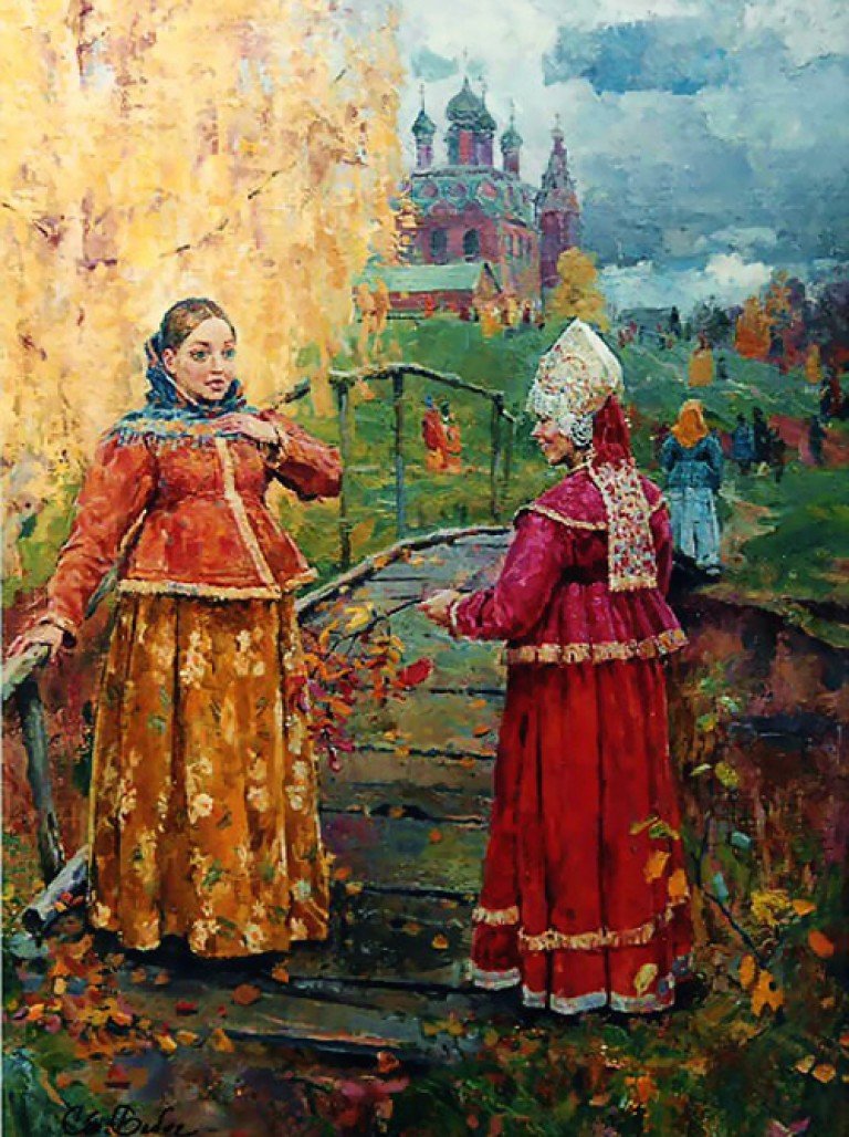 Женские наряды с тёплой душегреей на картине  С. Бабюка Осенние разговоры.
